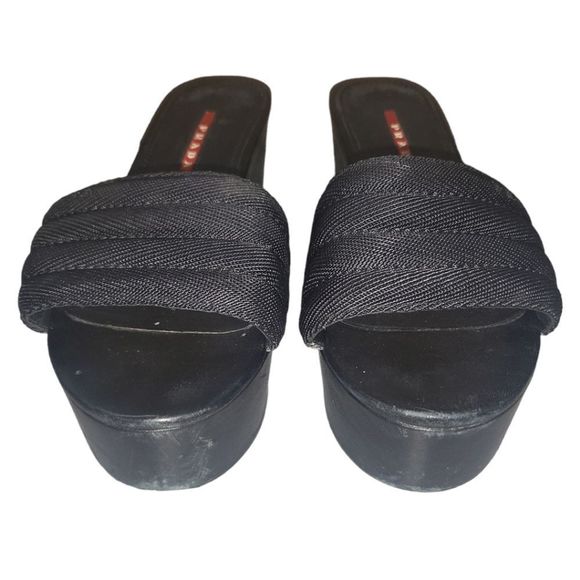 PRADA Vintage Y2K 2000s Black Mesh Leather Platform Slip-on Sandal Size 36 - Picture 4 of 7